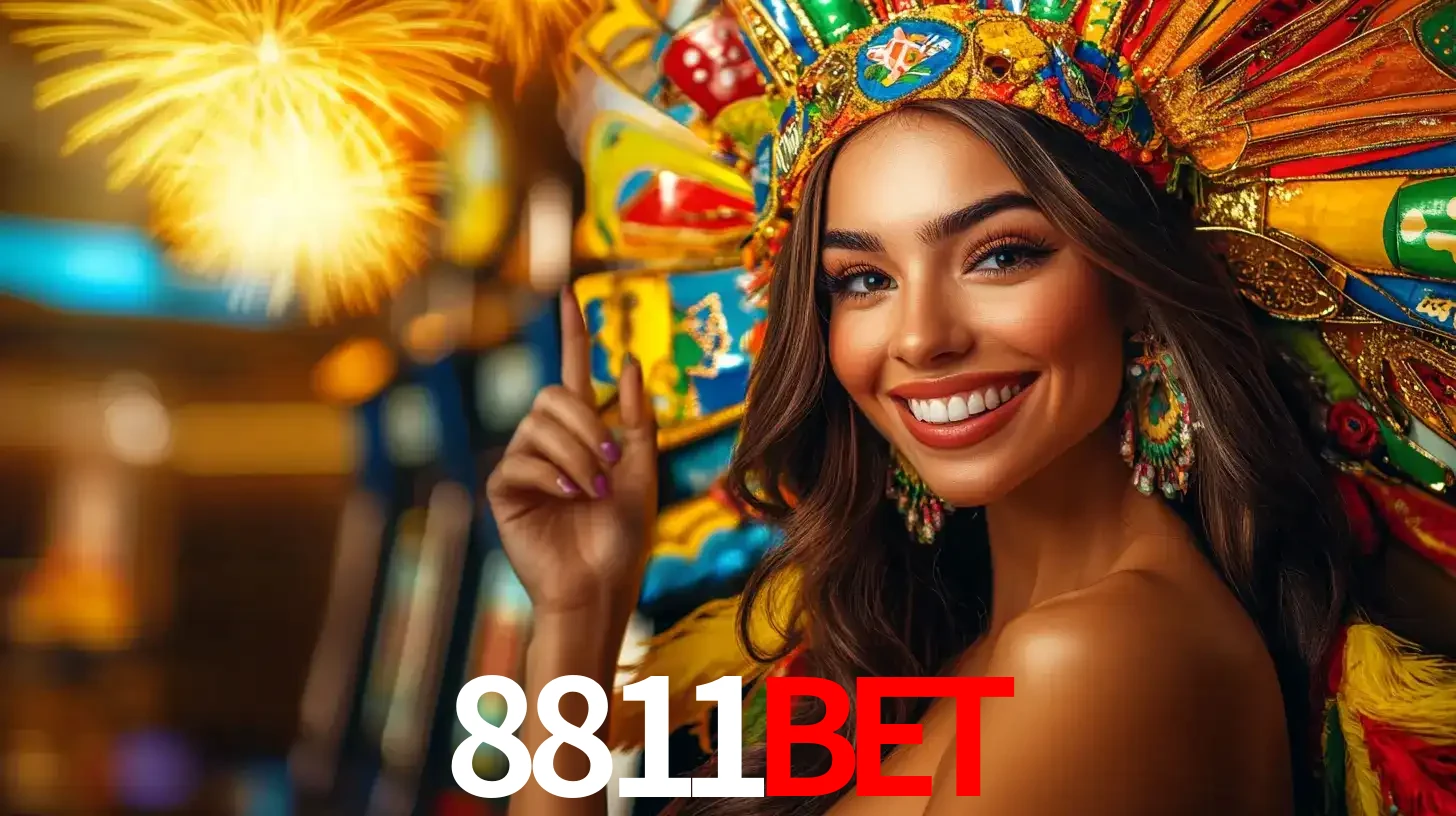 Mulher sorridente com um cocar de carnaval vibrante e colorido, celebrando uma grande vitória nos jogos do cassino 8811bet com fogos de artifício ao fundo.