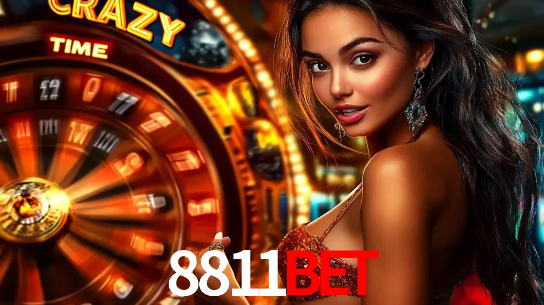 Mulher ao lado da roda de prêmios do jogo de cassino ao vivo Crazy Time, um dos shows de jogos mais emocionantes oferecidos pela plataforma de apostas 8811bet.