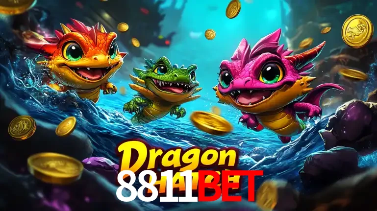 Arte promocional do jogo Dragon Hatch com três adoráveis dragões bebês nadando entre moedas de ouro, um dos slots mais divertidos para jogar no cassino 8811bet.