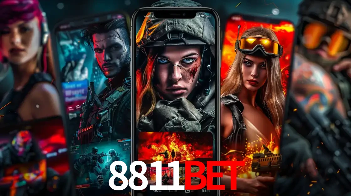 Montagem de telas de celular mostrando diversos personagens, masculinos e femininos, de um jogo de tiro, ilustrando a diversidade de equipes de e-sports para apostar no 8811bet.