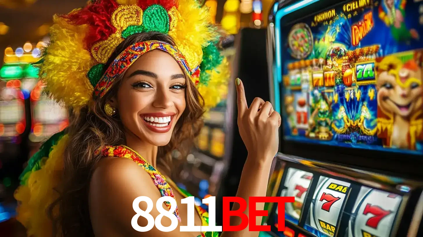 Mulher animada com um cocar de carnaval apontando para uma máquina de caça-níqueis, mostrando a emoção de ganhar um grande prêmio nos jogos do 8811bet.