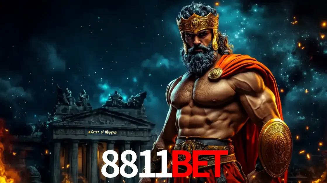 O poderoso Zeus do jogo de slot Gates of Olympus em frente ao seu templo, pronto para lançar multiplicadores divinos e prêmios épicos no cassino online 8811bet.