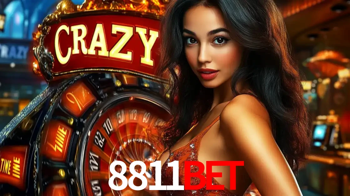 Mulher glamourosa olhando para a câmera com a roda vermelha do Crazy Time ao fundo em um ambiente de cassino, destacando a emoção dos jogos ao vivo no 8811bet.