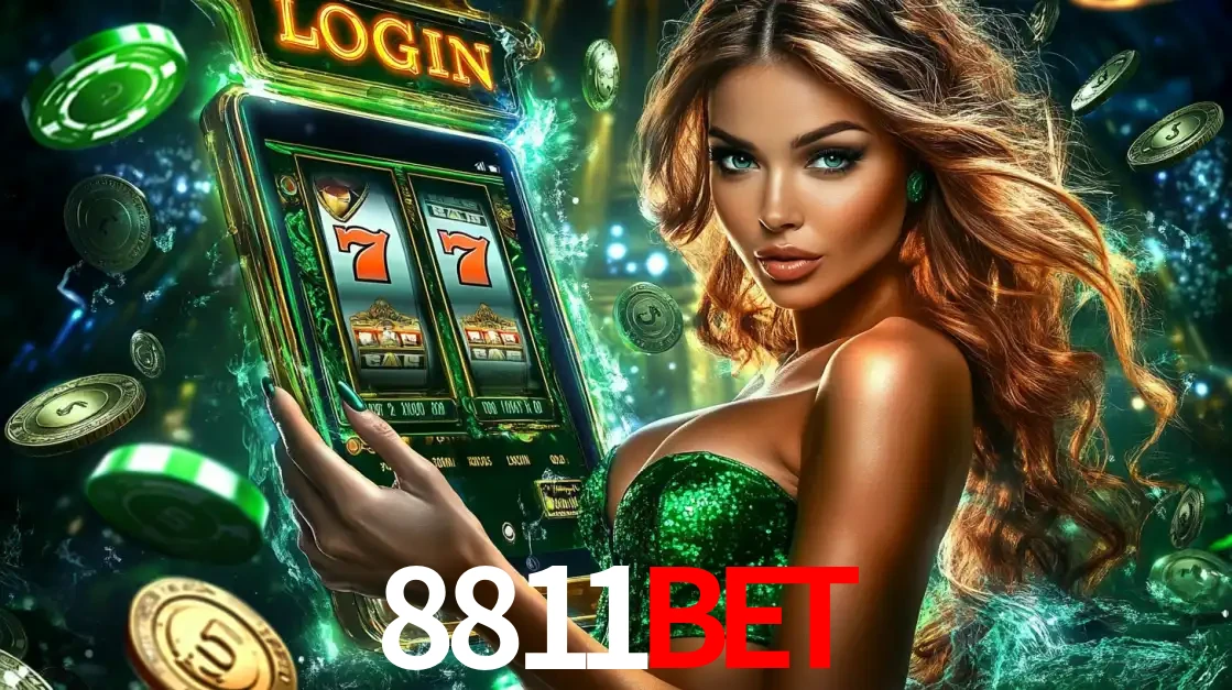Mulher com tema verde apresentando o aplicativo do cassino 8811bet com um jogo de slot de 777, cercada por fichas de cassino e uma aura de sorte.