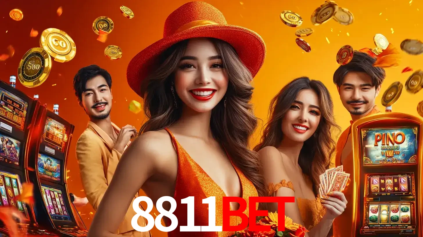 Grupo de amigos asiáticos sorrindo e se divertindo com máquinas de caça-níqueis em um ambiente festivo, celebrando suas vitórias nos jogos de cassino do 8811bet.