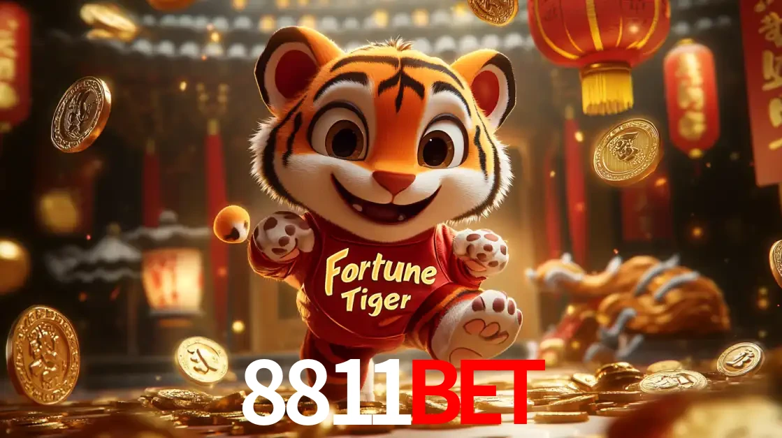 O alegre personagem do Fortune Tiger correndo sobre um caminho de moedas de ouro, simbolizando os grandes prêmios e a diversão do popular jogo de slot do 8811bet.