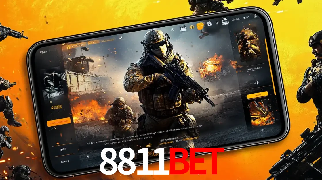 Um smartphone exibindo a interface de um jogo de tiro em primeira pessoa, com um soldado em um cenário de batalha, representando a ação dos e-sports para apostar no 8811bet.