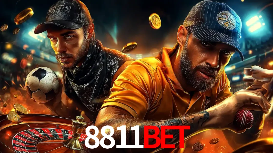 Montagem de apostas esportivas e cassino no 8811bet, com um homem segurando uma bola de futebol e outro uma de beisebol sobre uma roleta e moedas voadoras.