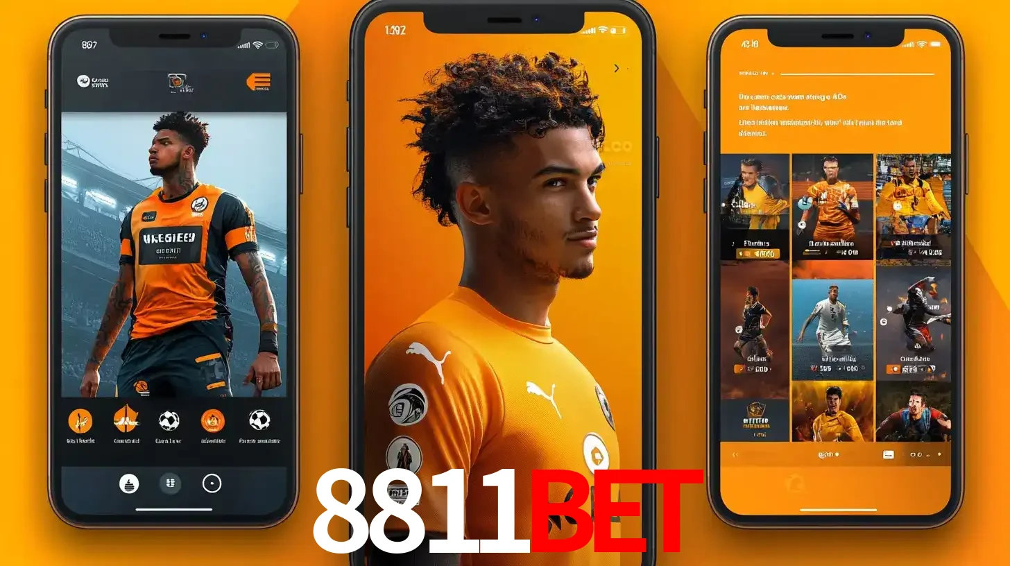 Interface do aplicativo de apostas esportivas 8811bet em três telas de celular, mostrando o perfil de um jogador de futebol e a lista de jogos disponíveis para apostar.