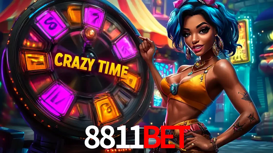 Mulher estilizada com cabelo azul e visual vibrante posando ao lado da roda de prêmios do game show Crazy Time, convidando para a diversão e os bônus do cassino 8811bet.