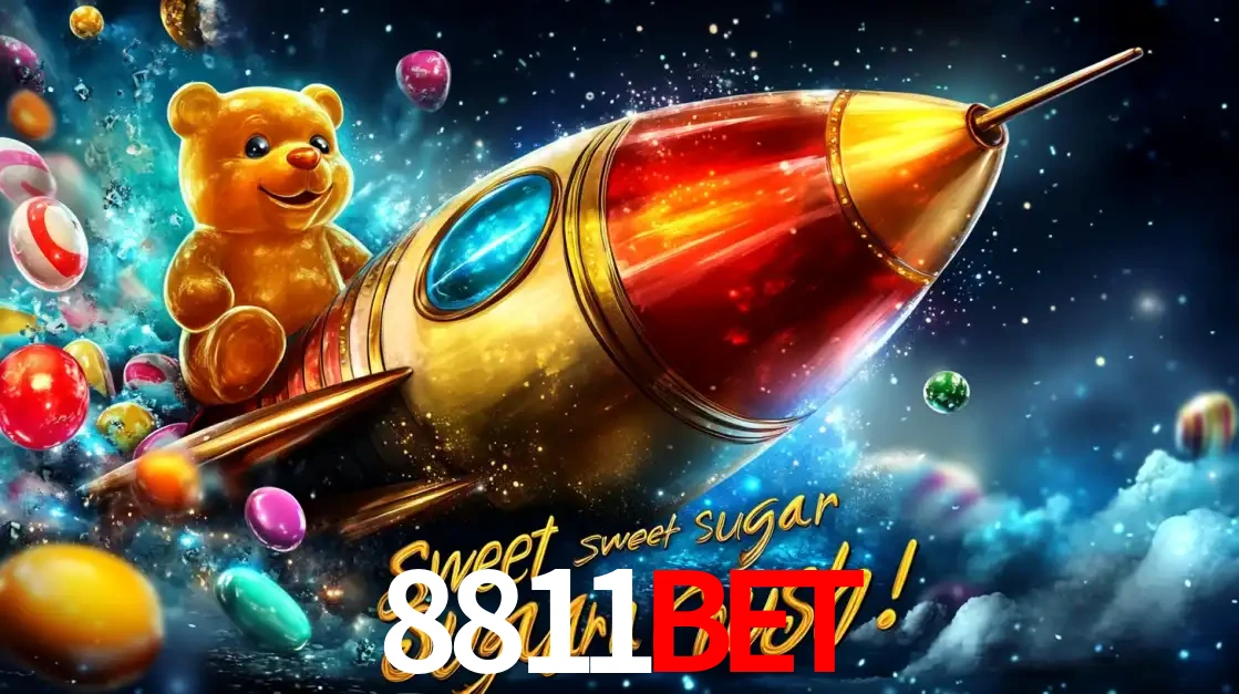 Arte promocional do jogo de slot Sugar Rush, com um urso de pelúcia em um foguete viajando pelo espaço de doces, um dos jogos divertidos disponíveis no cassino 8811bet.