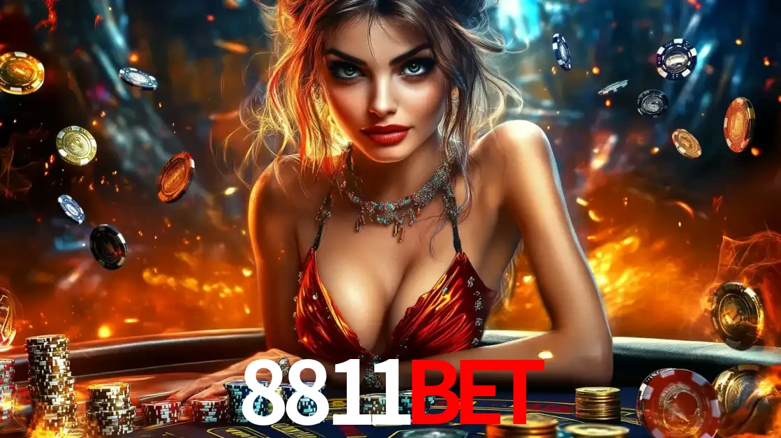 Mulher em uma mesa de cassino com pilhas de fichas e um fundo de fogo, pronta para uma rodada de altas apostas nos jogos de mesa emocionantes do cassino 8811bet.