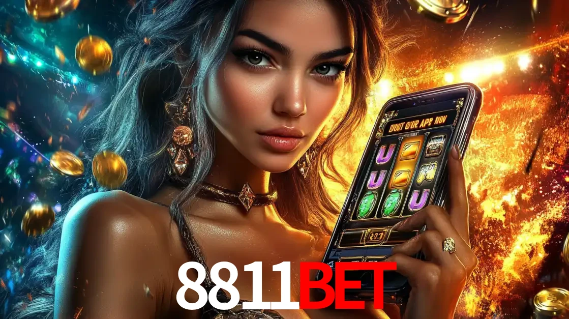 Mulher elegante mostrando um jogo de caça-níqueis em seu smartphone, destacando a experiência de cassino móvel oferecida pelo aplicativo 8811bet.