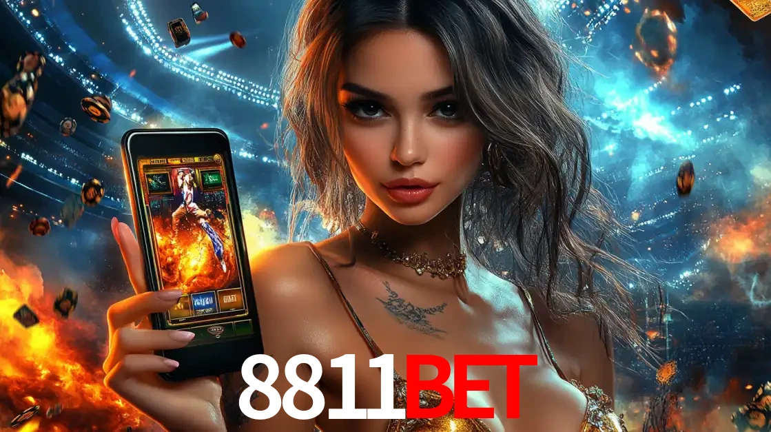 Mulher segurando um celular com um jogo de slot em destaque, tendo como fundo um estádio vibrante, simbolizando a emoção de jogar no cassino móvel 8811bet.