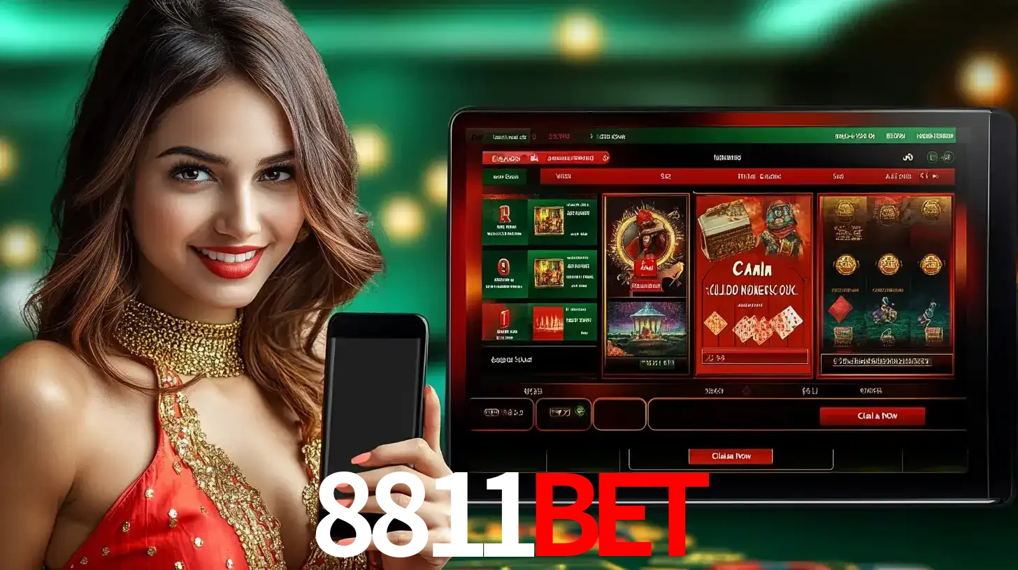 Mulher sorridente segurando um smartphone, ao lado de uma tela exibindo o lobby de jogos do cassino online 8811bet, com várias opções de jogos de cartas e slots.
